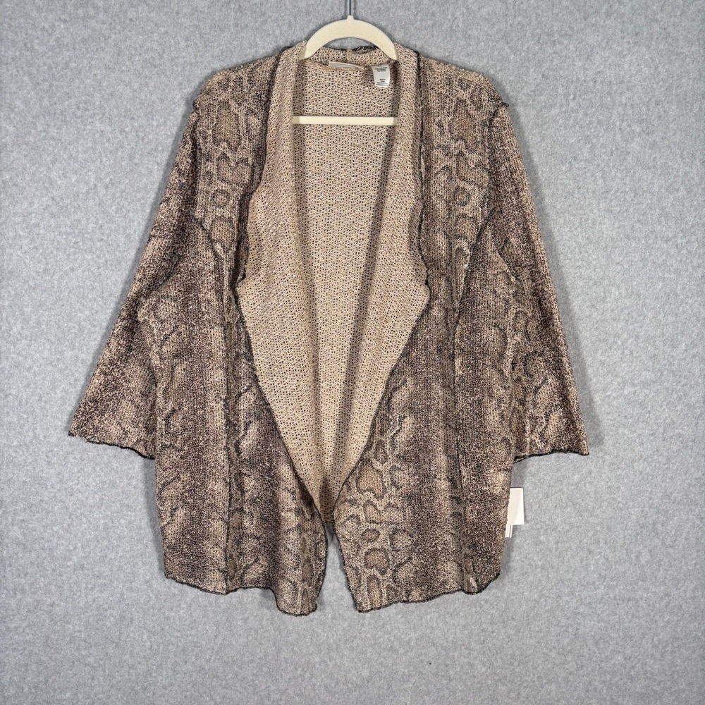 Alfred Dunner Crochet Snake Print Cardigan Sweater 2X Sequins Sheer Neutral
